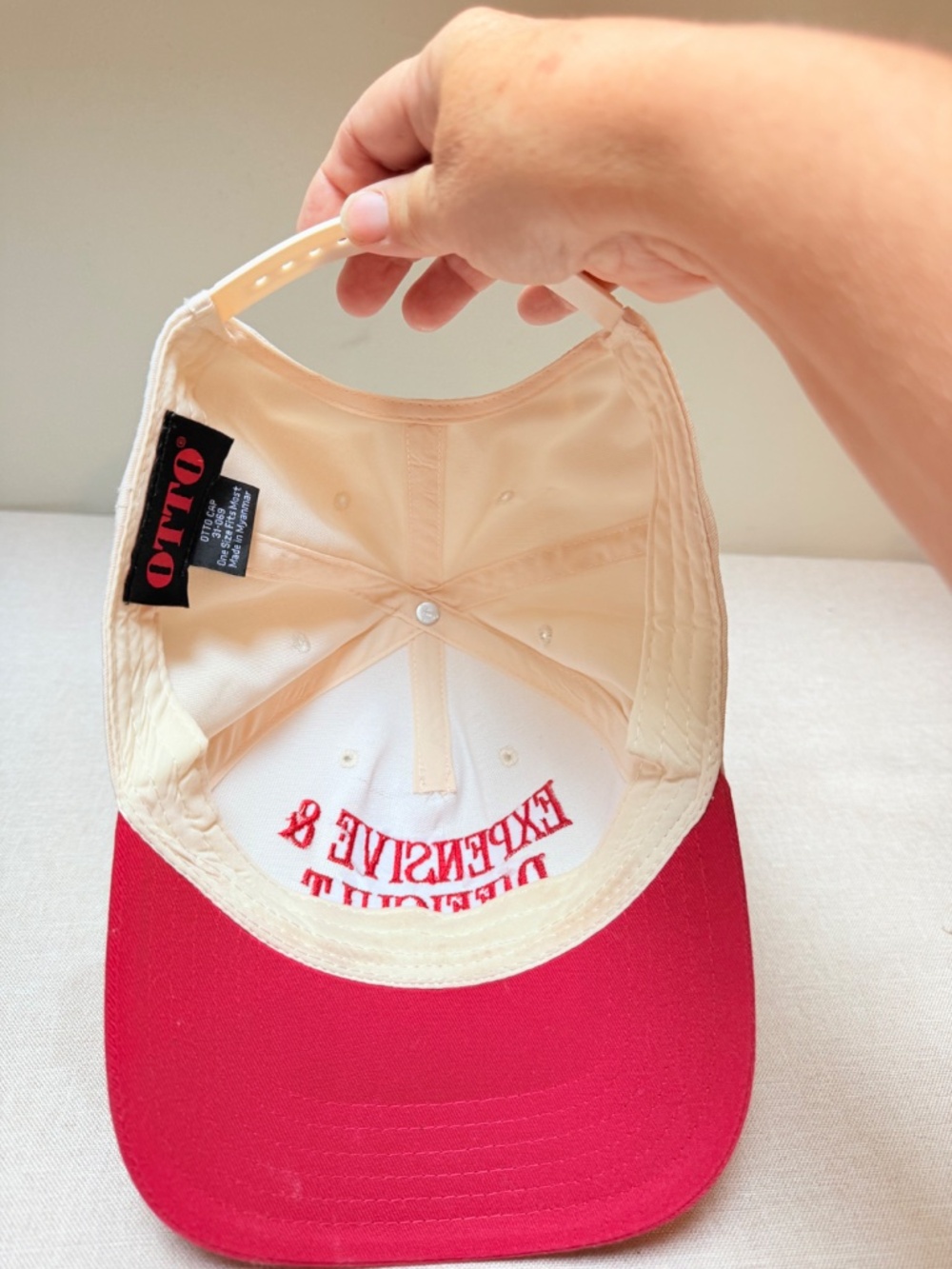 Expensive and Difficult Embroidered Red and White Trucker Hat Cap - Picture 7 of 8